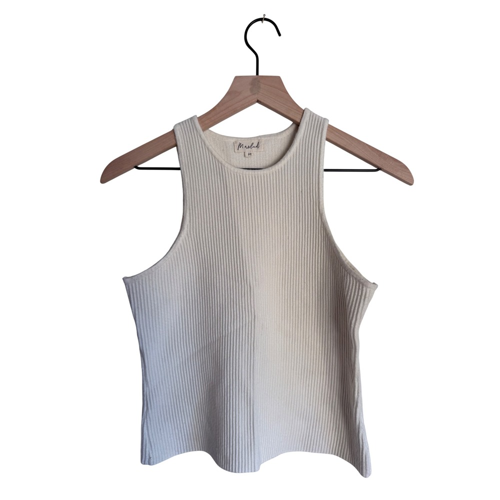 Marled Cream Ribbed Knit High Neck Tank Top Sleeveless Minimalist Medium